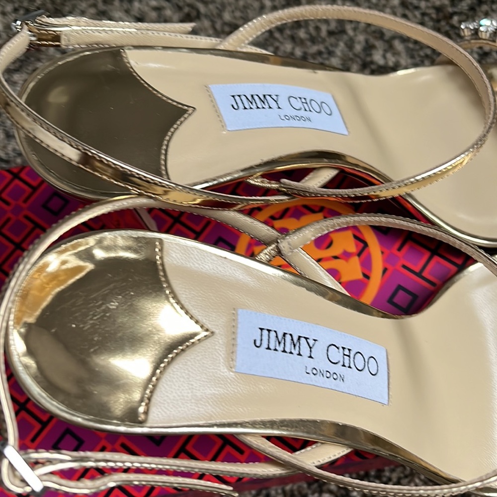 Jimmy Choo Meira 85 Gold Leather Sandals with Crystal Embellishment, like new - Picture 7 of 14